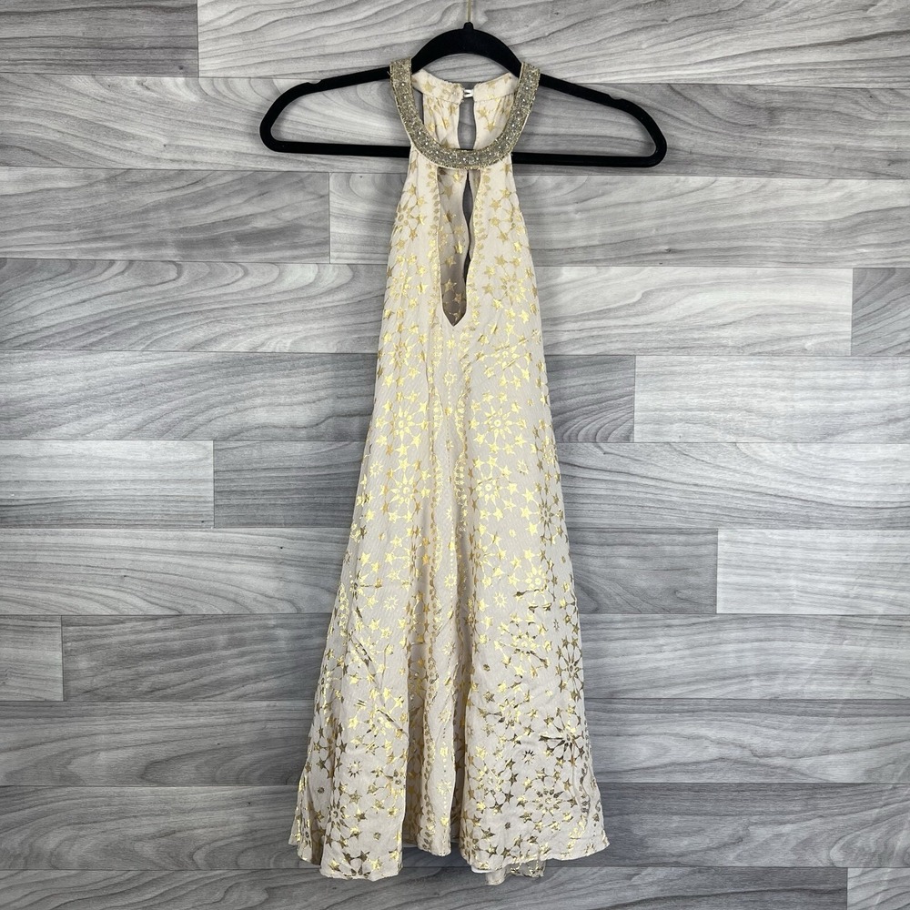 KIMCHI BLUE Dress Womens S Beige Gold Boho Pencil Mini Halter Neck Gypsy Stars